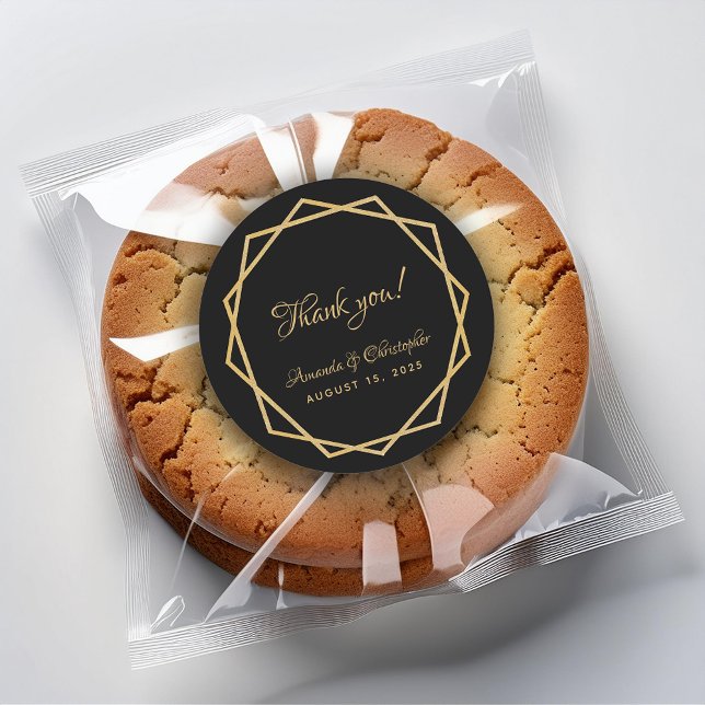 Elegant Gold Black Geometric Thank You Wedding Classic Round Sticker (Creator Uploaded)