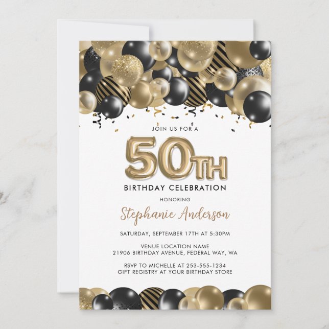 Elegant Gold Black Glitter 50th Birthday Invitation (Front)