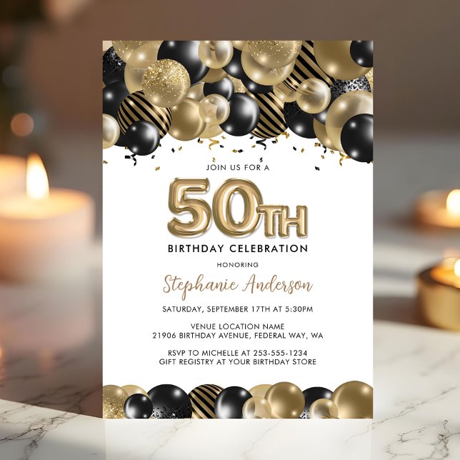 Elegant Gold Black Glitter 50th Birthday Invite Postcard (Elegant Gold Black Glitter 50th Birthday Invite)