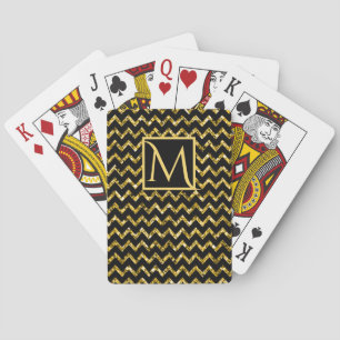 Elegant Gold Black Glitter Chevron Pattern Initial Playing Cards