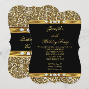 Elegant Gold Black Glitter Diamond Birthday Party Invitation