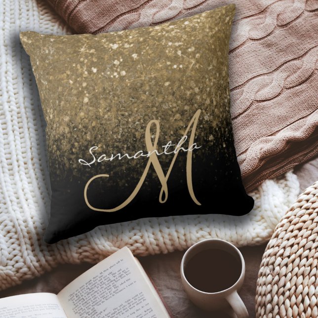 Elegant Gold & Black Glitter Monogram Name Cushion (Creator Uploaded)