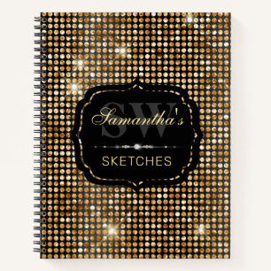 Elegant Gold & Black Glitter Polka Dots Monogram Notebook