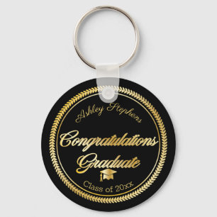 Elegant Gold   Black Grad Cap Class Year Key Ring