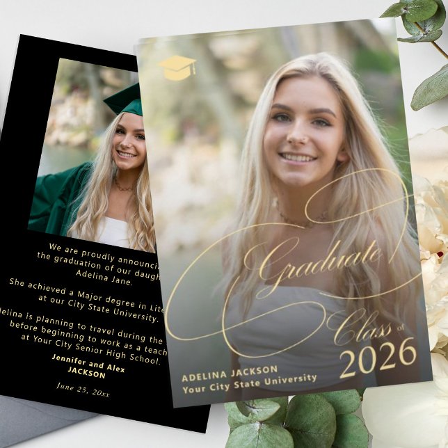 Elegant gold black graduate photo graduation announcement (Creator Uploaded)