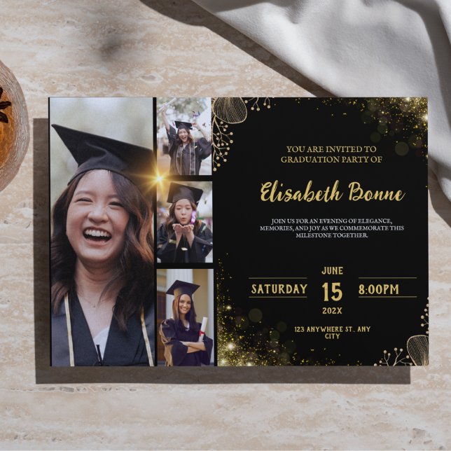 Elegant Gold & Black Graduation Party Invitation  (Elegant Gold & Black Graduation Party Invitation Template with 4 Photo Slots | Customizable & Classy)