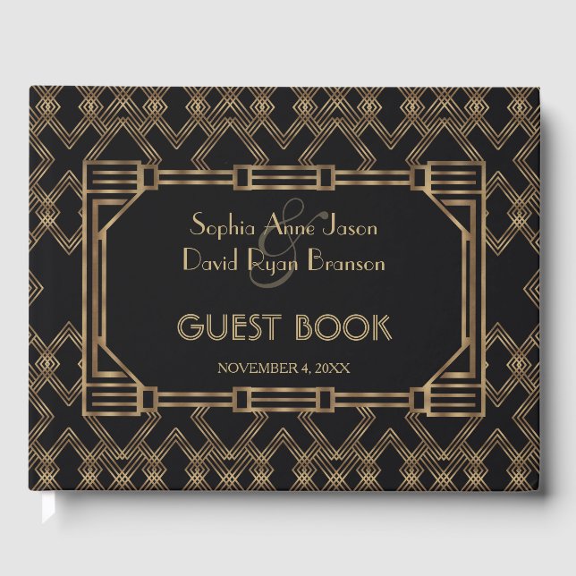 Elegant Gold Black Great Gatsby 1920s Wedding Guest Book (Front)