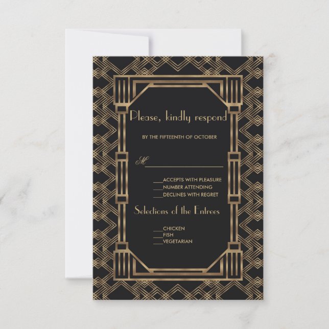 Elegant Gold Black Great Gatsby 1920s Wedding RSVP (Front)