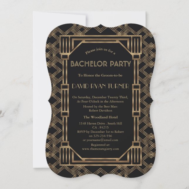 Elegant Gold Black Great Gatsby 20s Bachelor Party Invitation (Front)