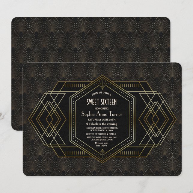 Elegant Gold Black Great Gatsby  Sweet Sixteen Invitation (Front/Back)