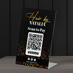 Elegant Gold Black Hair Stylist Venmo Scan to Pay Pedestal Sign