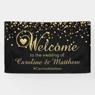 Elegant Gold Black Heart Welcome Wedding Banner