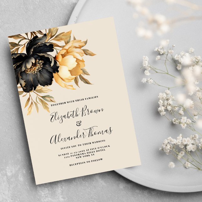 Elegant gold black ivory mint peony floral wedding invitation (Elegant gold black ivory mint peony floral wedding)