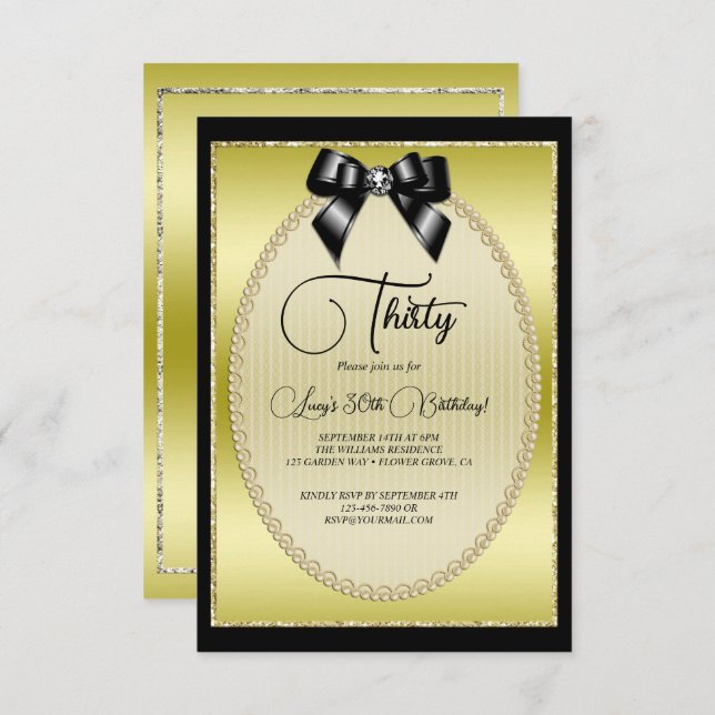 Elegant Gold, & Black Jewel Bow Birthday Invitation (Front/Back)