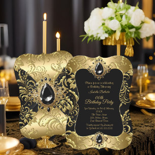 Elegant Gold Black Jewel Damask Birthday Party Invitation