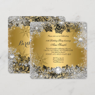 Elegant Gold Black Lace Silver Snowflake Birthday Invitation