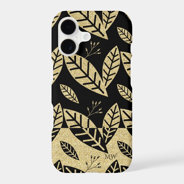 Elegant Gold & Black Leaf Pattern Custom Monogram (Back)