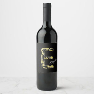 Elegant Gold Black Letter E Vintage Monogram Wine Label