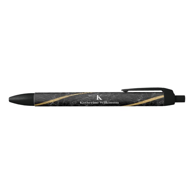 Elegant Gold & Black Marble Gold Monogram  Black Ink Pen (Top)