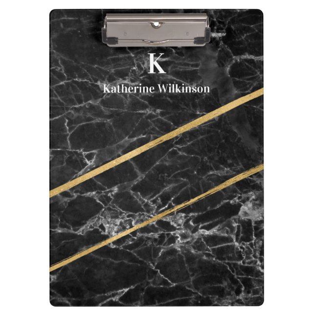 Elegant Gold Black Marble Gold Monogram  Clipboard (Front)