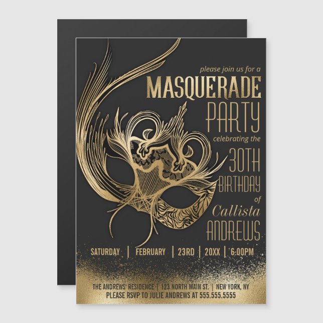 Elegant Gold Black Masquerade Mask Birthday Party Magnetic Invitation (Front/Back)