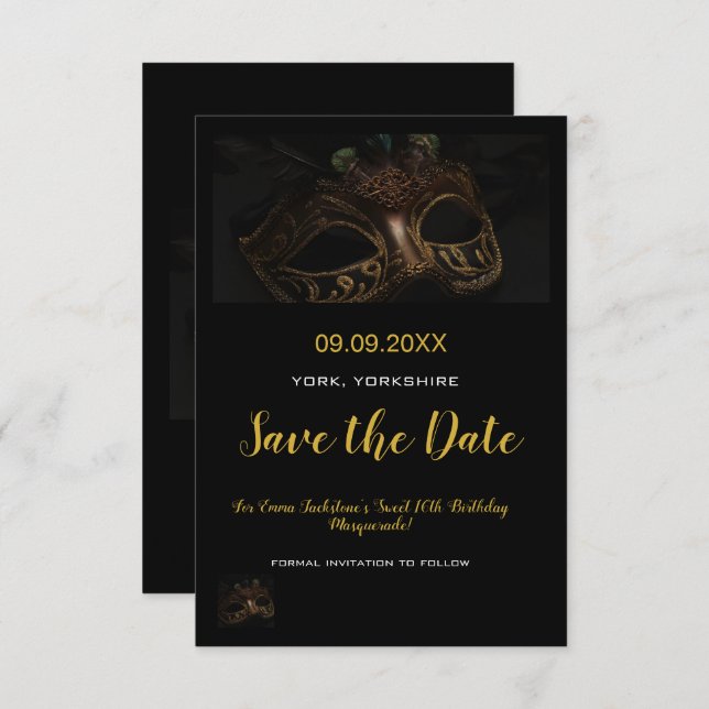 Elegant Gold Black Masquerade Mask Theme Sweet 16 Save The Date (Front/Back)