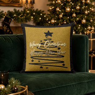 Elegant Gold Black Merry Christmas Happy New Year Cushion