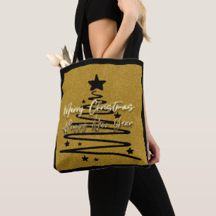Elegant Gold Black Merry Christmas Happy New Year Tote Bag