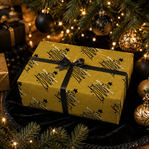 Elegant Gold Black Merry Christmas Happy New Year Wrapping Paper
