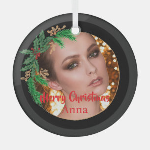 Elegant Gold Black Merry Christmas Monogram Photo Glass Tree Decoration