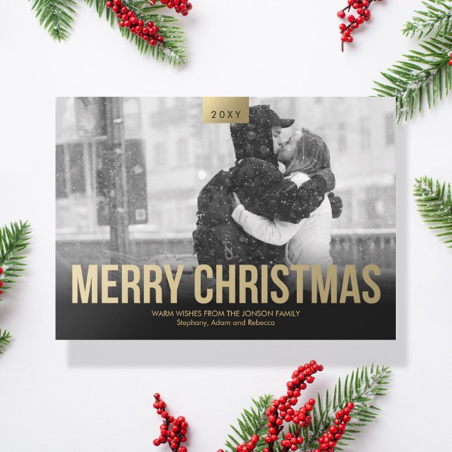 Elegant Gold Black Merry Christmas Photo Card (Creator Uploaded)