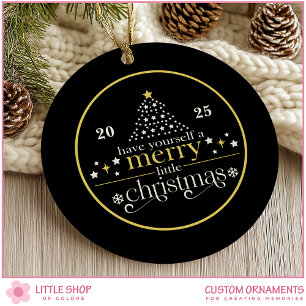 Elegant Gold Black Merry Little Christmas Photo Ceramic Tree Decoration