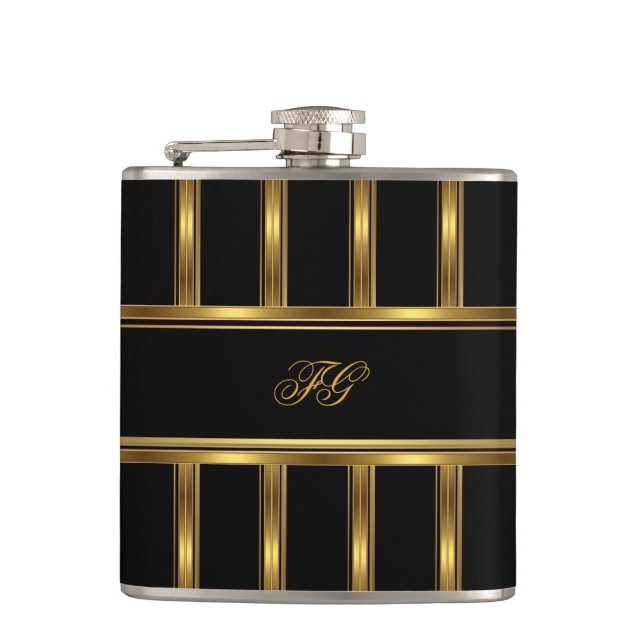 Elegant Gold Black Metal look Monogram Name 3 Hip Flask (Front)