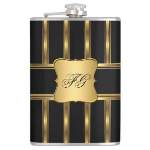 Elegant Gold Black Metal look Monogram Name Hip Flask