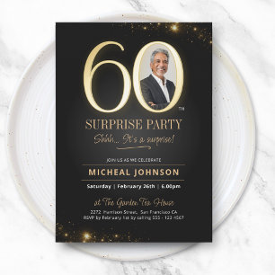 Elegant Gold Black Modern Surprise 60th Birthday Invitation