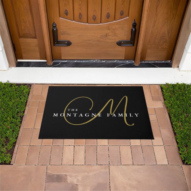 Elegant Gold Black Monogram Flat Note Card Doormat (Outdoor)