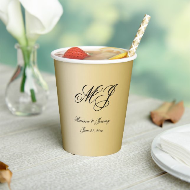Elegant Gold Black Monogram Script Wedding Paper Cups (Insitu)