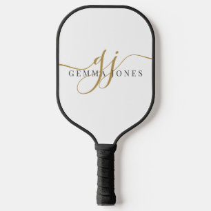Elegant Gold Black Monogram White Pickleball Paddle
