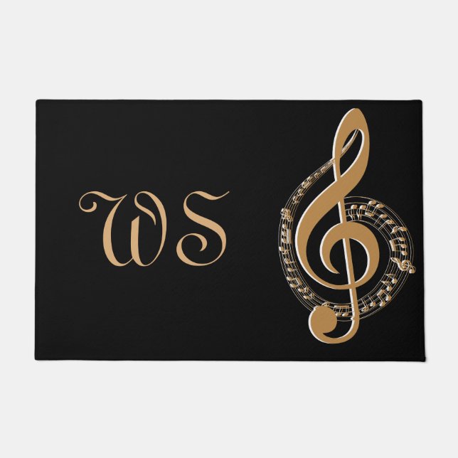Elegant Gold Black Musical Note Monogrammed Doormat (Front)