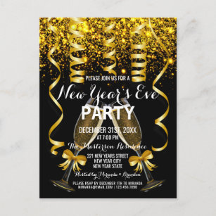 Elegant Gold Black New Year`s Eve Party Invitation Postcard