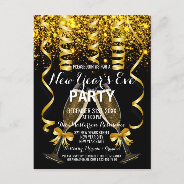 Elegant Gold Black New Year`s Eve Party Invitation Postcard (Front)