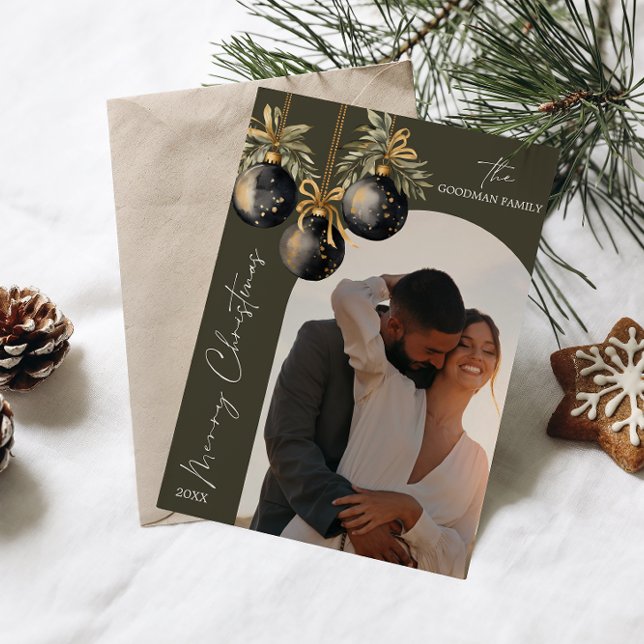 Elegant Gold Black Ornaments TWO Photo CHRISTMAS Holiday Card (TWO PHOTO LANDSCAPER ARCH SHAPED GREETING CARDS FOR CHRISTMAS . PREFECT FOR COUPLES OR NEWLY WED )