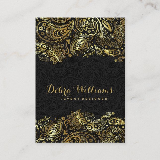 Elegant Gold & Black Paisley Wedding Planner Business Card (Front)