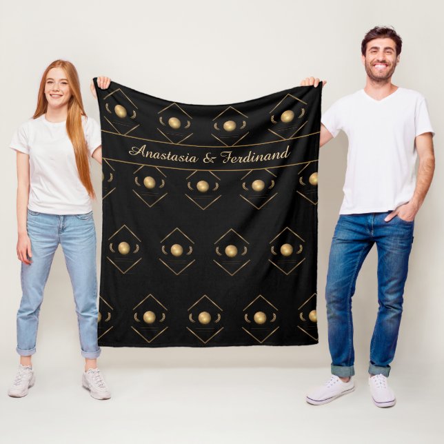 Elegant Gold Black Pattern Personalise Fleece Blanket (In Situ)