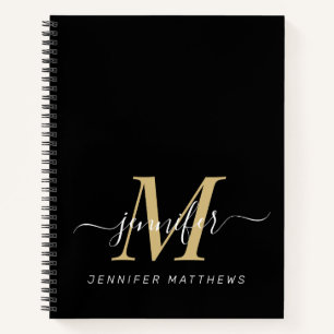 Elegant Gold Black Personalised Monogram Name Notebook