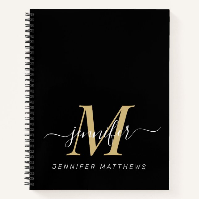 Elegant Gold Black Personalised Monogram Name Notebook (Front)
