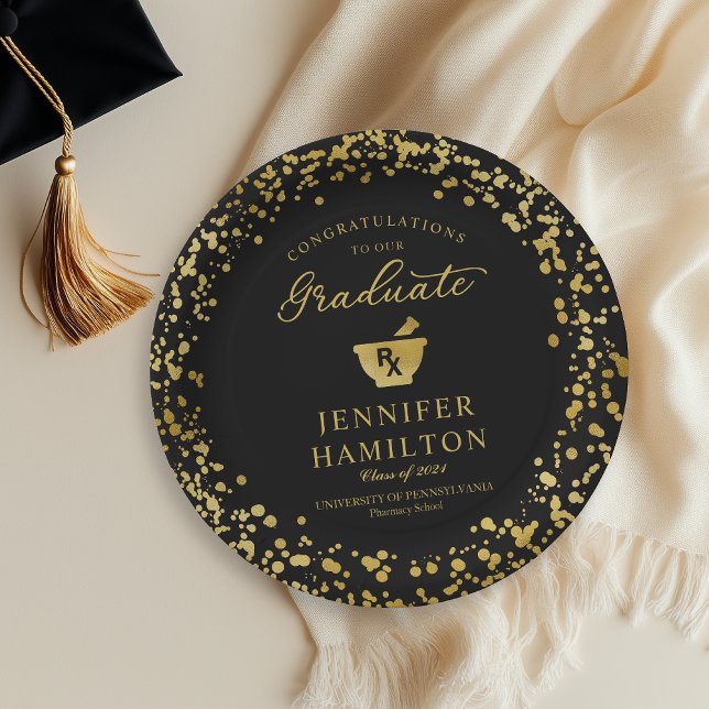 Elegant Gold  Black Pharmacy School Graduation Paper Plate (Creator Uploaded)