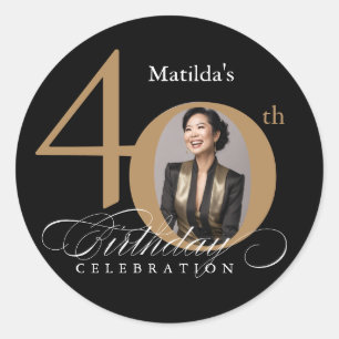 Elegant Gold Black Photo 40th Birthday Classic Round Sticker
