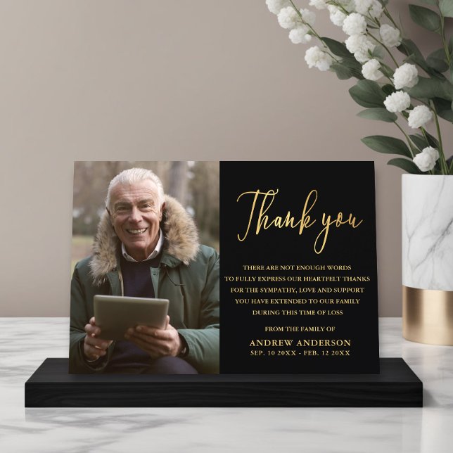 Elegant Gold & Black Photo Funeral Thank You Card (Creator Uploaded)