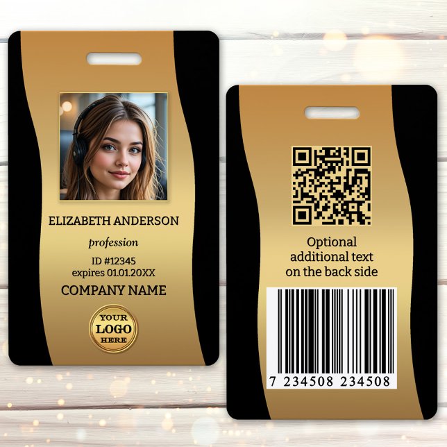 Elegant Gold Black Photo ID Badge (Elegant black and gold design employee photo badge with your custom photo and logo)